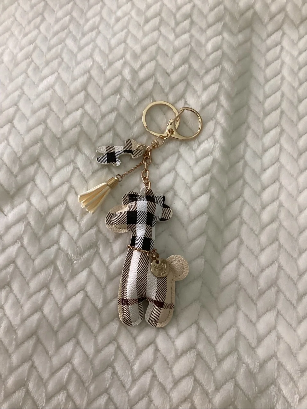 Plaid Giraffe Keychain or Bag charm  with Tassel - Beige Black Check